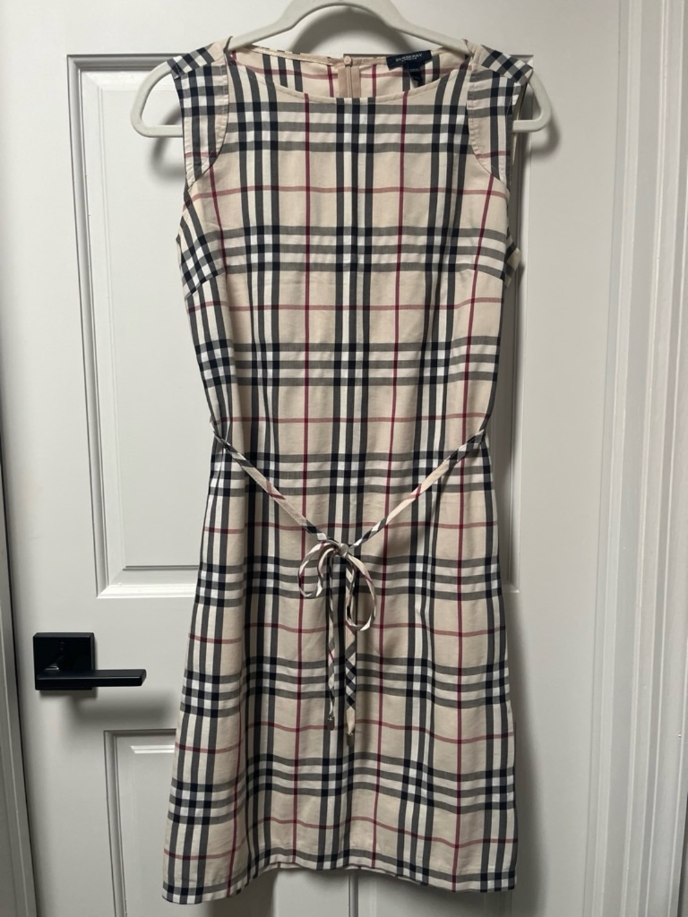 Burberry Sleeveless Mini Dress in Beige Plaid with Black & Red Accents